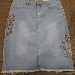 Embroidered Denim Midi Skirt